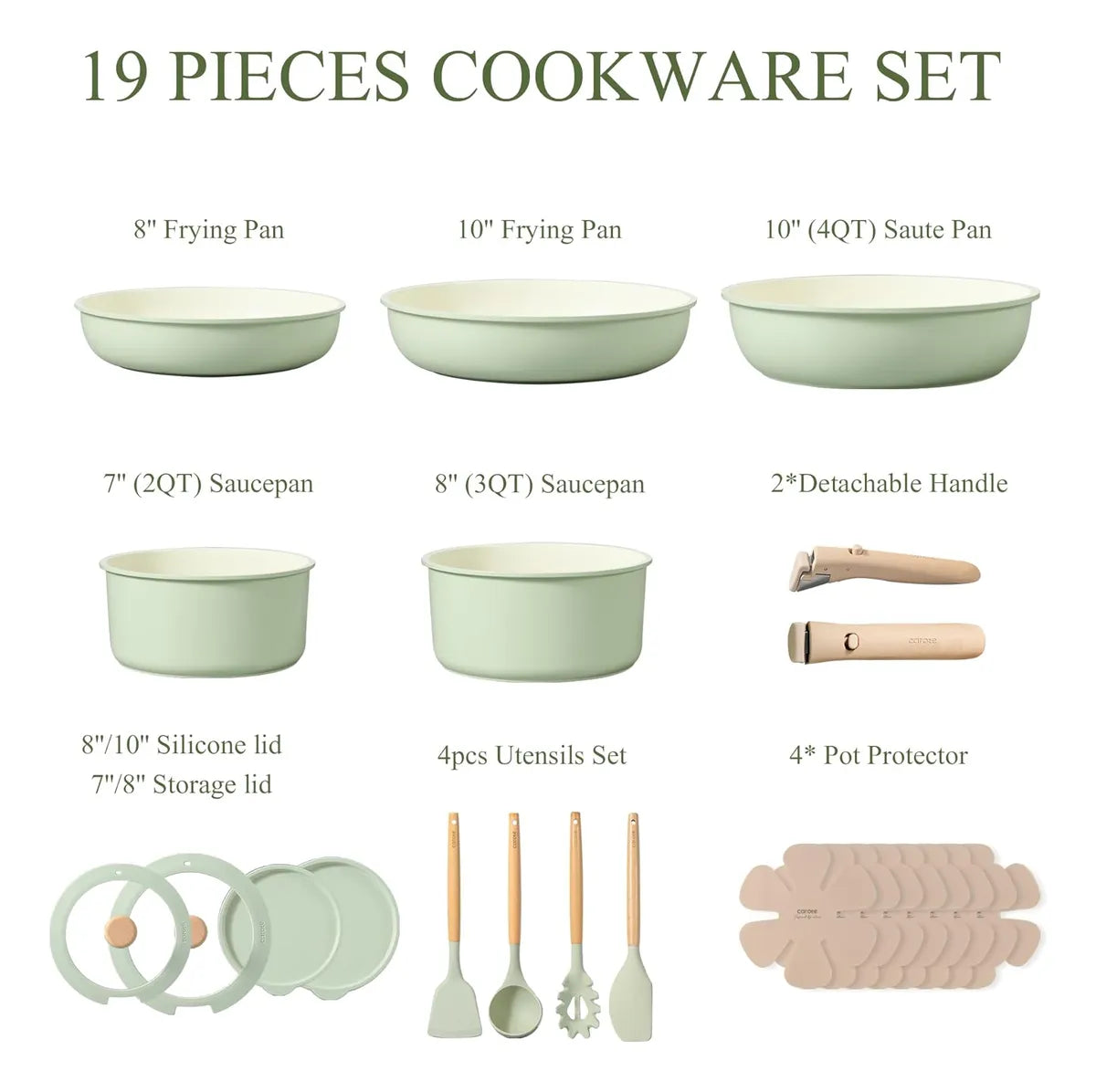 Juego De Sarten Y Cacerolas Carote Asa Desmontable Verde