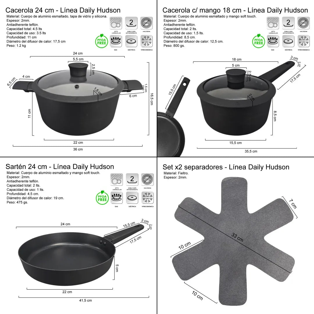 Set Olla Cacerola Sarten Teflon Hudson Bateria Aluminio Bz3 Day01 - Daily